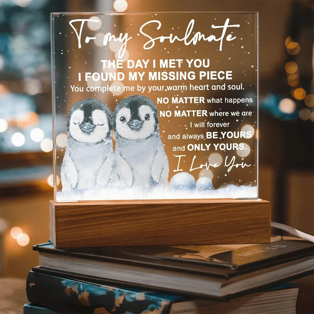 Soulmate Acrylic Plaque – Penguin Couple LED Light Gift | Romantic “You Complete Me” Christmas Keepsake