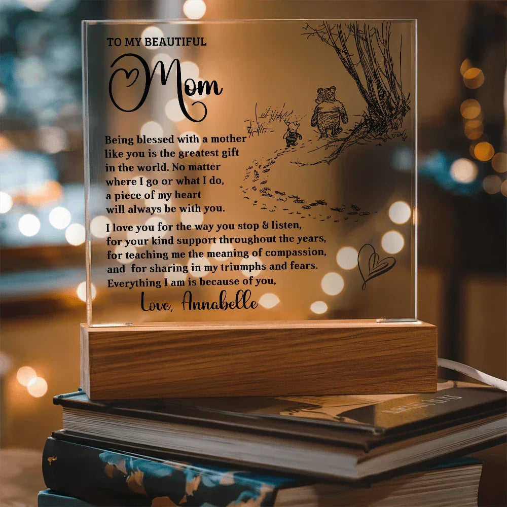Personalized Acrylic Plaque for Mom – Custom Name Gift for Mother's Day, Birthday, or Christmas – LED Base with 7 Colors – Sentimental Gift for Mom from Daughter or Son