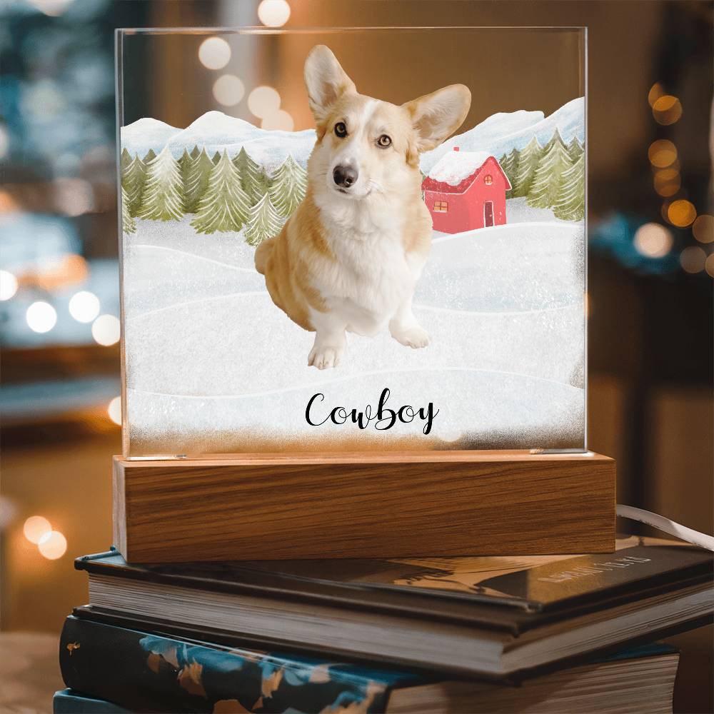 Pet Personalized Holiday Photo Upload Acrylic Plaque with Lighted LED Wooden Base - Mallard Moon Gift Shop