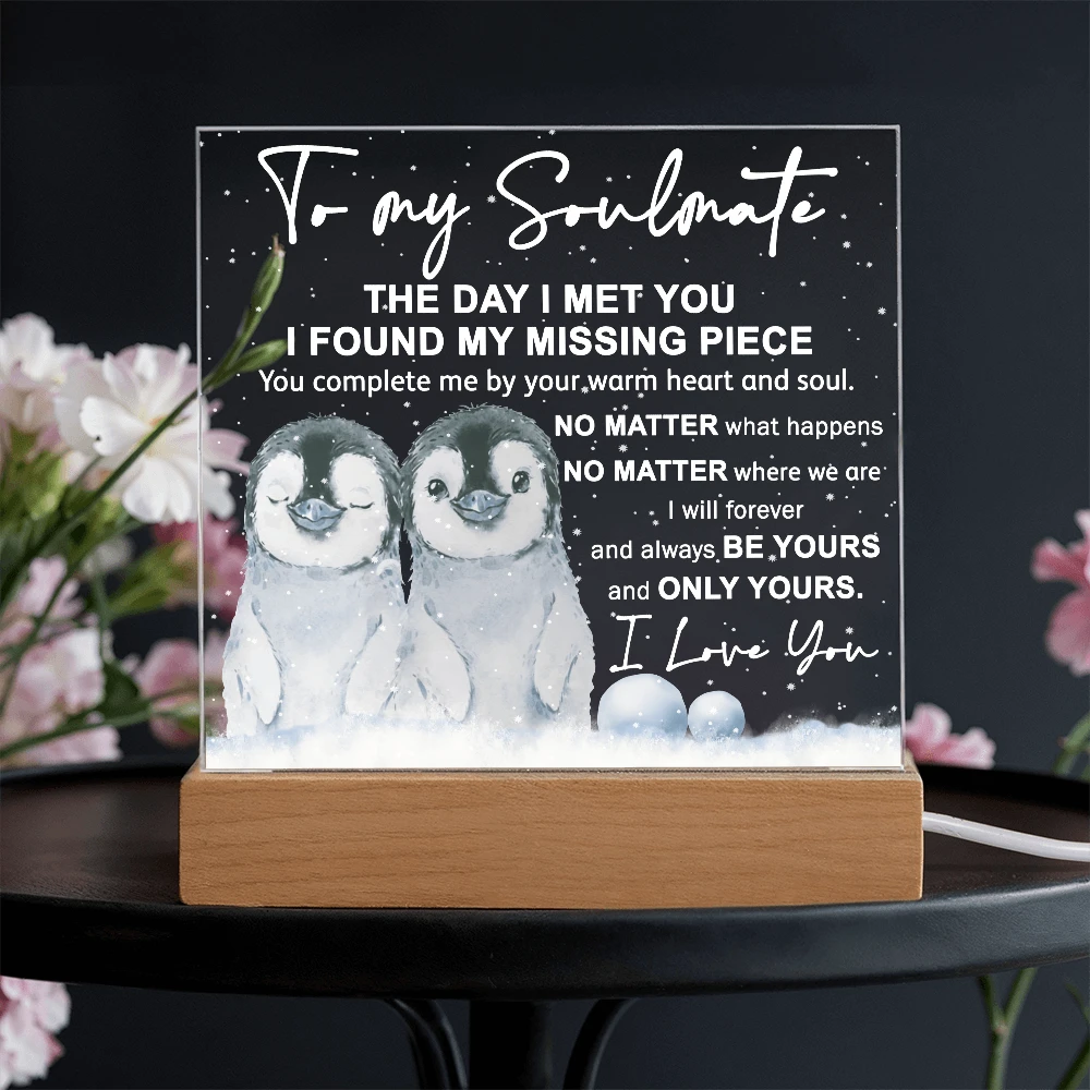 Soulmate Acrylic Plaque – Penguin Couple LED Light Gift | Romantic “You Complete Me” Christmas Keepsake