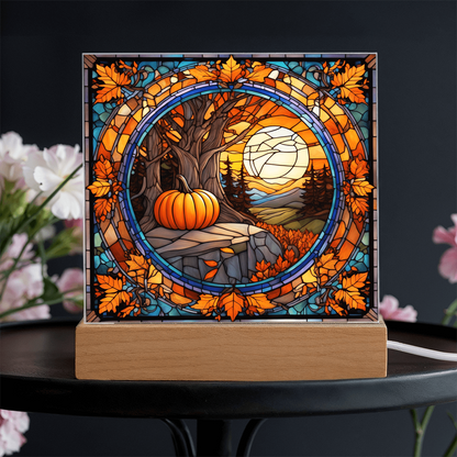 Stained Glass Autumn Pumpkin Sunset Acrylic Plaque – Fall Harvest Home Decor with LED Light Base | Thanksgiving Window Art Accent