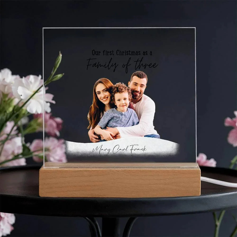 Family Acrylic Plaque – “Our First Christmas as a Family of…” | Custom Name & Family Size Light-Up Holiday Gift