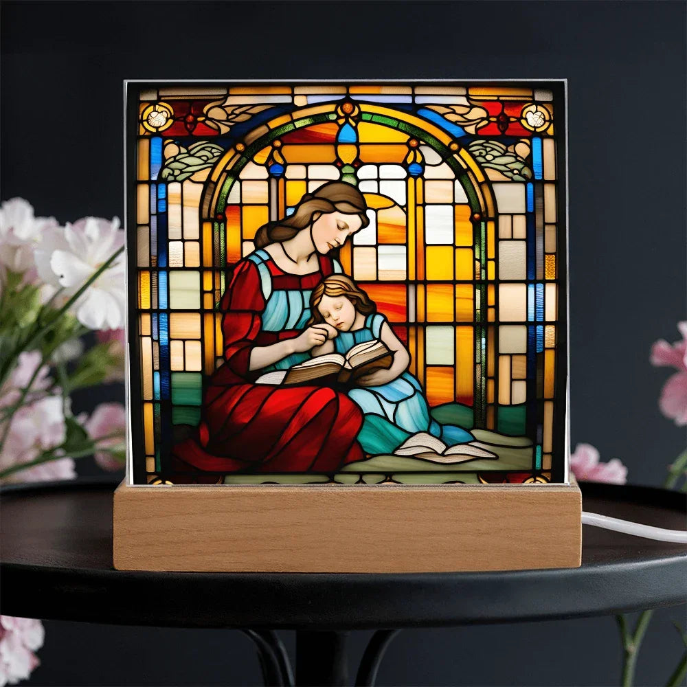 Mother and Child Reading Together Stained-Glass Style LED Acrylic Plaque – A Heartfelt Gift for Moms and Book-Loving Families