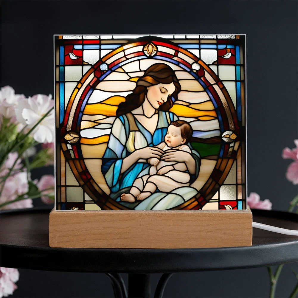 Brunette Mother and Baby - Stained Glass Style LED Acrylic Plaque – A Cherished Gift for Mother's Day or New Moms
