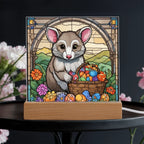 Possum LED Acrylic Plaque, Night Light – Spring Flowers & Easter Egg Basket – Wooden Base (Battery or Corded)
