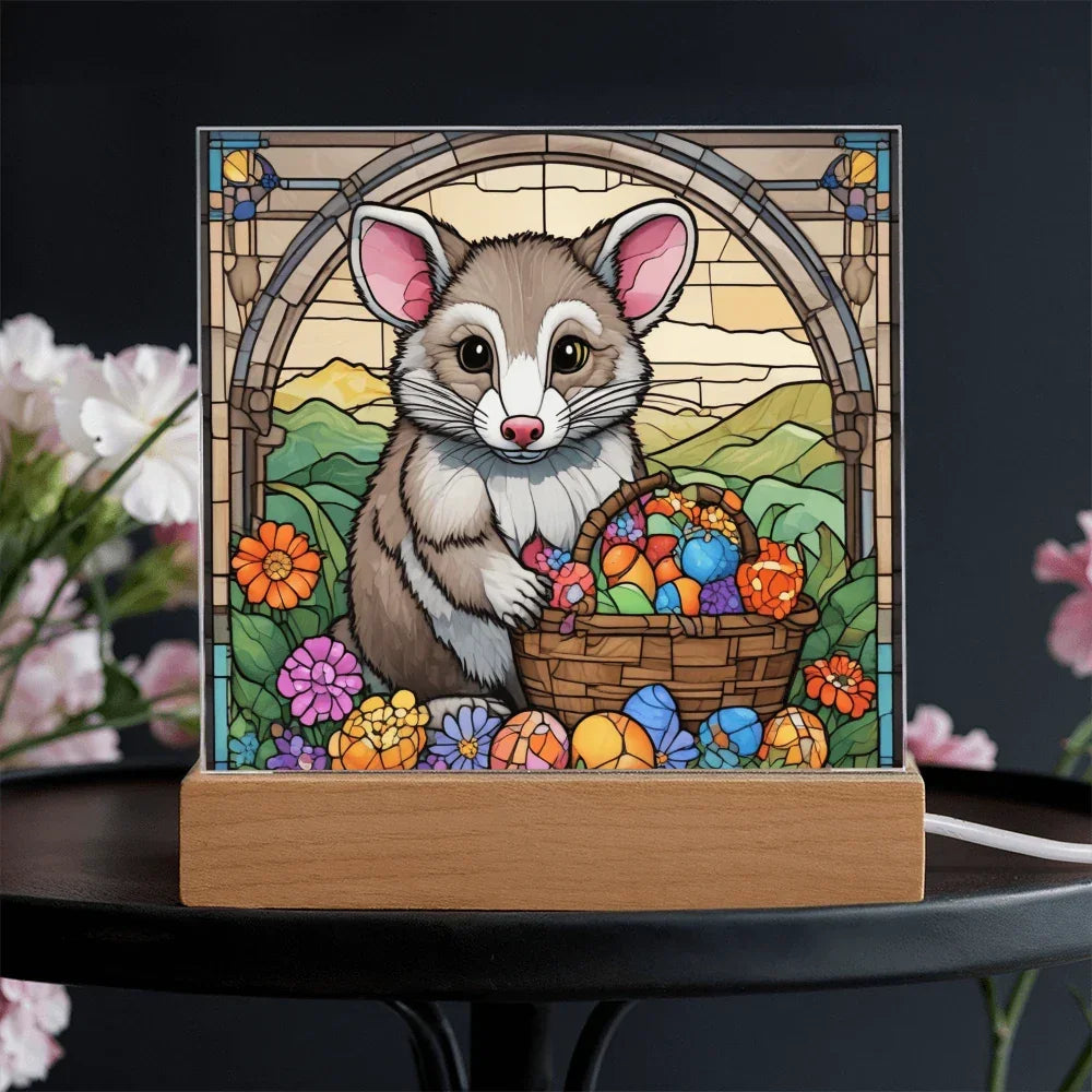 Possum LED Acrylic Plaque, Night Light – Spring Flowers & Easter Egg Basket – Wooden Base (Battery or Corded)