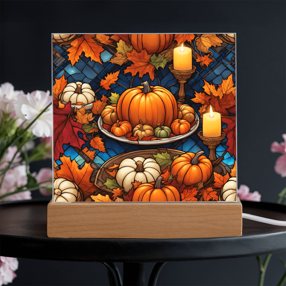 Stained Glass Pumpkin & Candle Acrylic Plaque – Thanksgiving Harvest Centerpiece | Fall Home Décor with LED Light Base