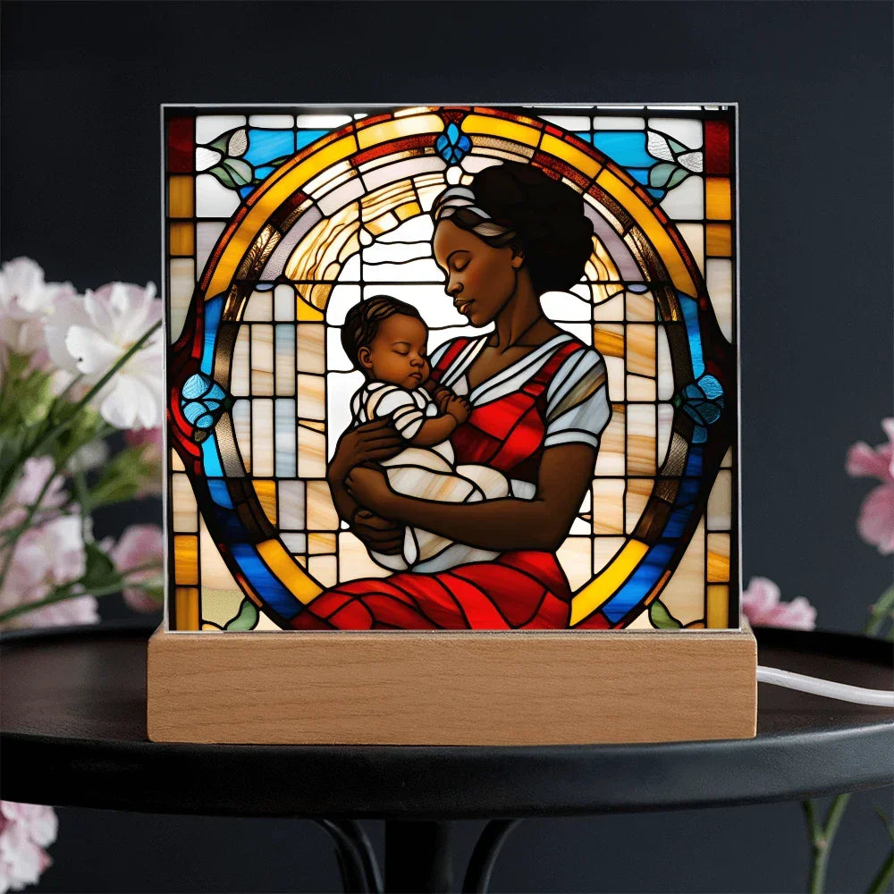 Black Mother and Baby Stained Glass Style LED Acrylic Plaque – A Powerful Tribute for New Moms and Mother's Day