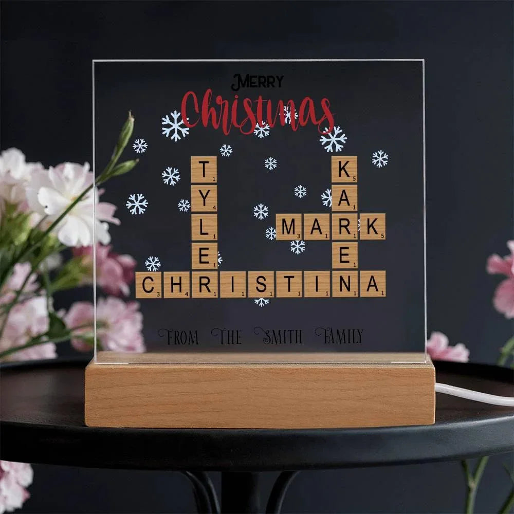 Personalized Crossword Puzzle Merry Christmas Acrylic Plaque with Lighted LED Wooden Base