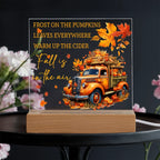 Fall Is in the Air Acrylic Plaque – Pumpkin Truck Autumn Decor – Lighted Acrylic Sign with Wooden Base (Corded or Battery Option)