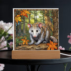 North American Opossum LED Acrylic Plaque – Autumn Forest Scene – Wooden Base (Battery or Corded)
