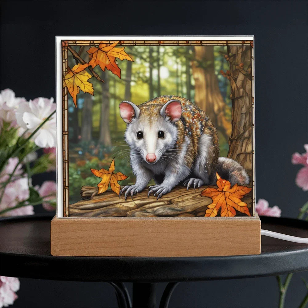 North American Opossum LED Acrylic Plaque – Autumn Forest Scene – Wooden Base (Battery or Corded)