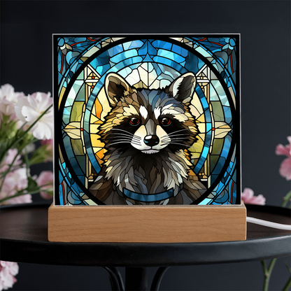 Stained Glass Raccoon Acrylic LED Light Plaque – Custom Animal Art Gift with Wooden Base - Mallard Moon Gift Shop