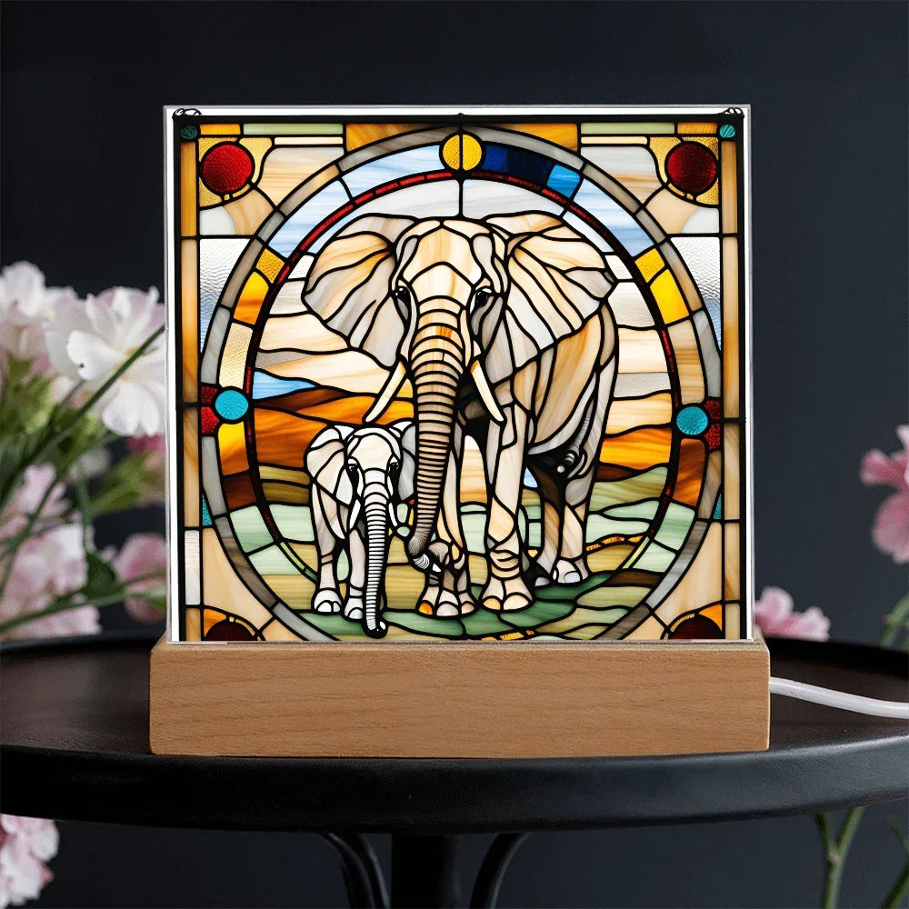 Elephant Mother and Baby Calf - Stained Glass Style LED Acrylic Plaque – A Symbol of Strength, Love, and Family