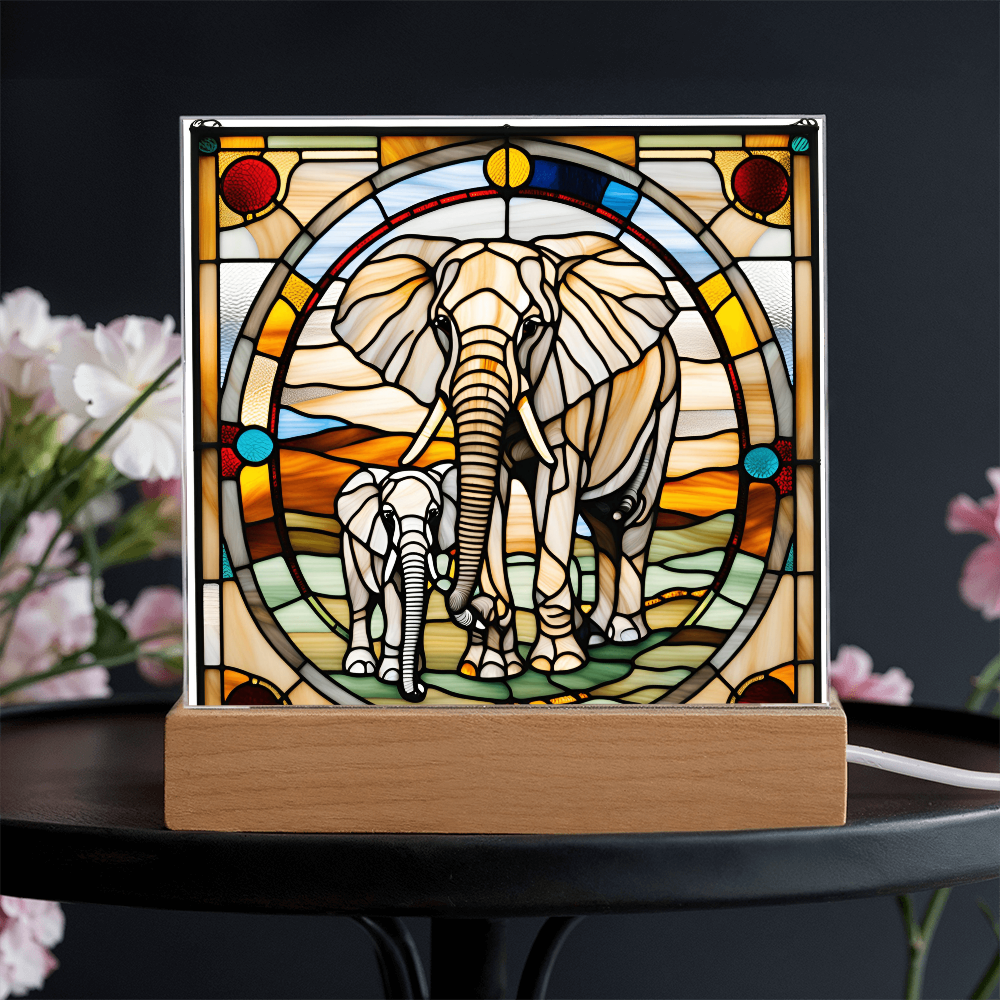 Elephant Mother and Baby Calf - Stained Glass Style LED Acrylic Plaque – A Symbol of Strength, Love, and Family - Mallard Moon Gift Shop
