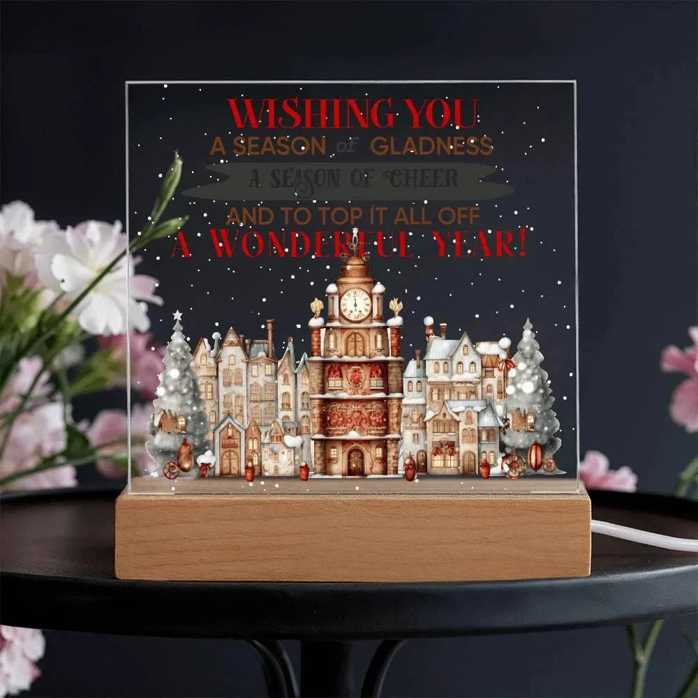 Wishing You a Season of Gladness Holiday Acrylic Plaque with Lighted LED Wooden Base