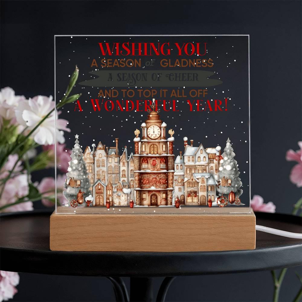 Wishing You a Season of Gladness Holiday Acrylic Plaque with Lighted LED Wooden Base - Mallard Moon Gift Shop