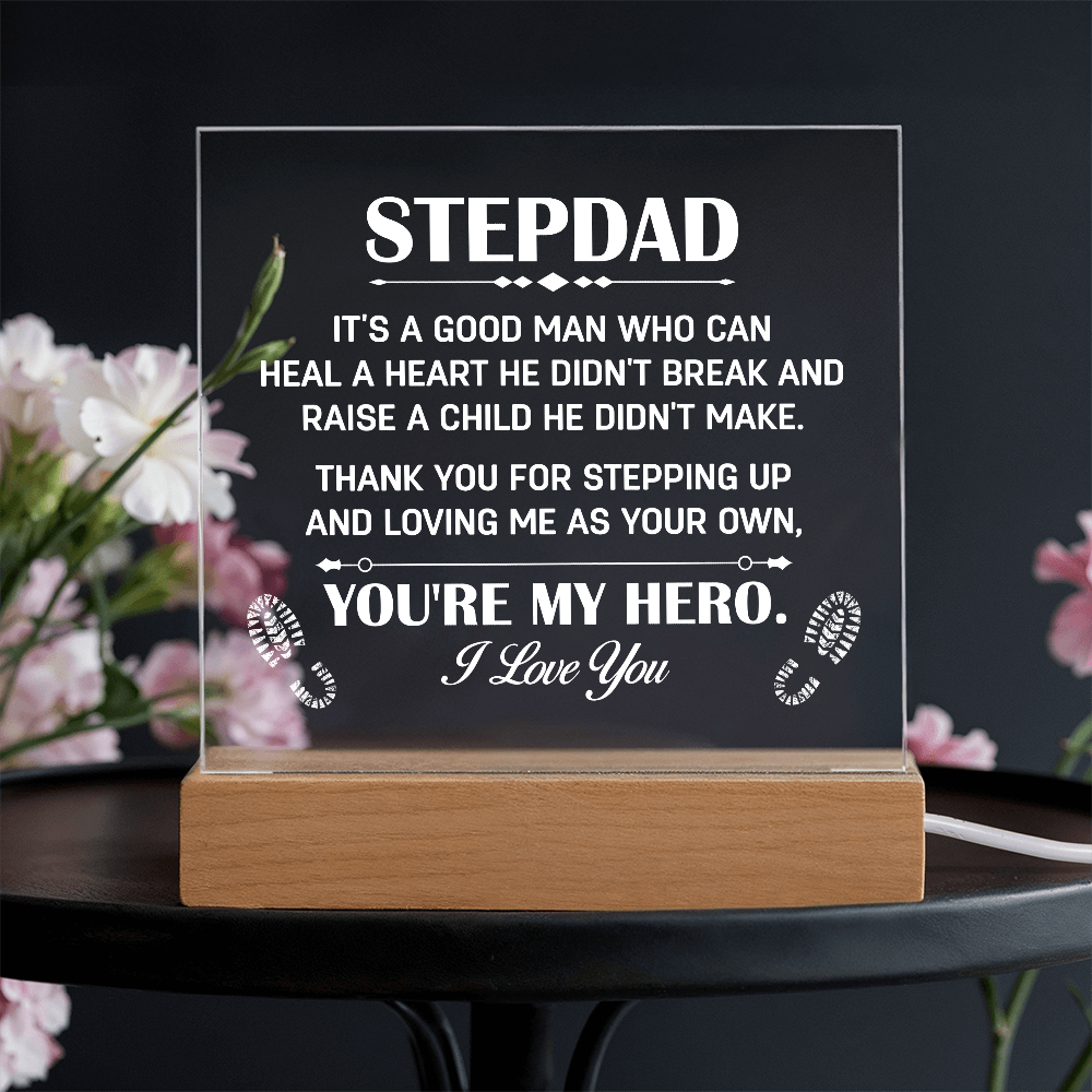 Stepdad Acrylic LED Plaque – “You're My Hero” Personalized Gift with Custom Name for Father's Day, Birthday, or Christmas - Mallard Moon Gift Shop