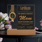 World's Greatest Mom Certificate LED Acrylic Plaque – Personalized Best Mom Award 2025 Mother's Day Gift