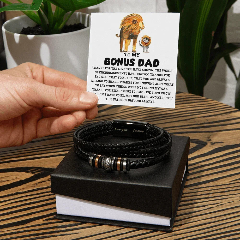 Bonus Dad Father's Day Gift - Men's Love You Forever Bracelet with Grateful Heart Message Card - Braided Vegan Leather Bracelet - Meaningful Stepdad Appreciation Gift