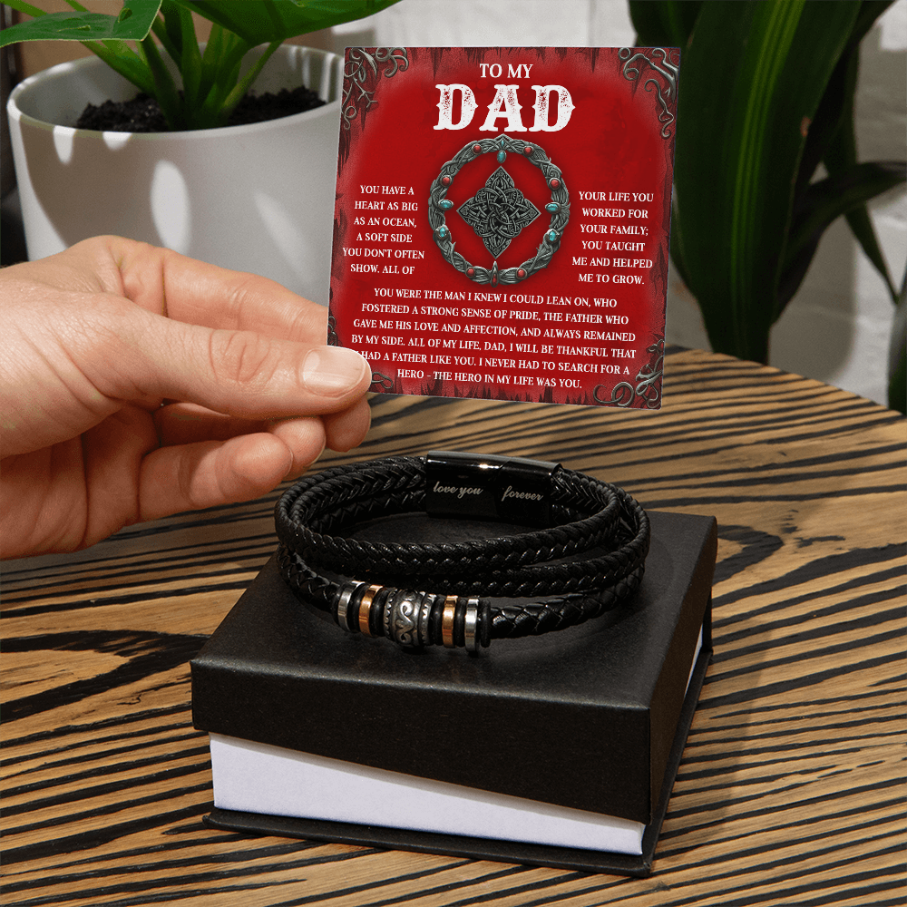 To My Dad Vegan Leather Bracelet Birthday, Father's Day Gift with Celtic-Inspired “Ocean Heart” Message Card - Mallard Moon Gift Shop