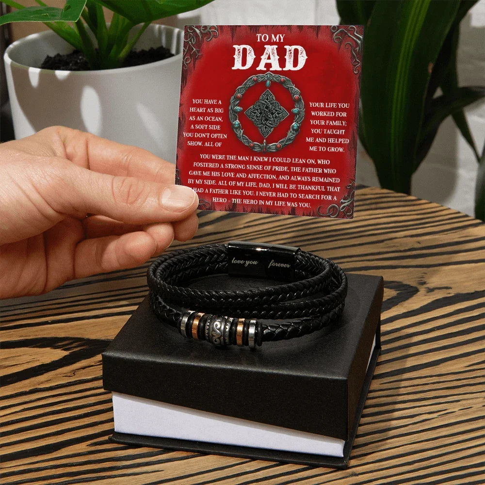 To My Dad Vegan Leather Bracelet Birthday, Father's Day Gift with Celtic-Inspired “Ocean Heart” Message Card