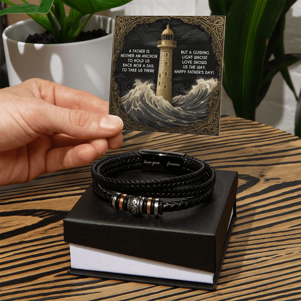 Dad Vegan Leather Bracelet Father's Day Gift - with Inspirational “Guiding Light” Lighthouse Message Card - Mallard Moon Gift Shop