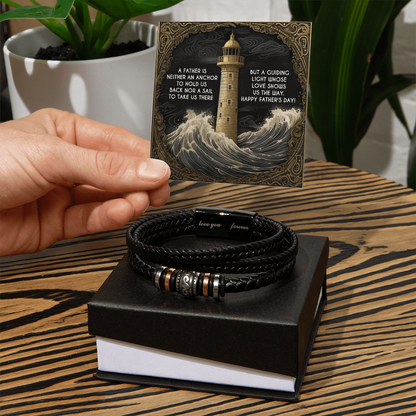 Dad Vegan Leather Bracelet Father's Day Gift - with Inspirational “Guiding Light” Lighthouse Message Card - Mallard Moon Gift Shop