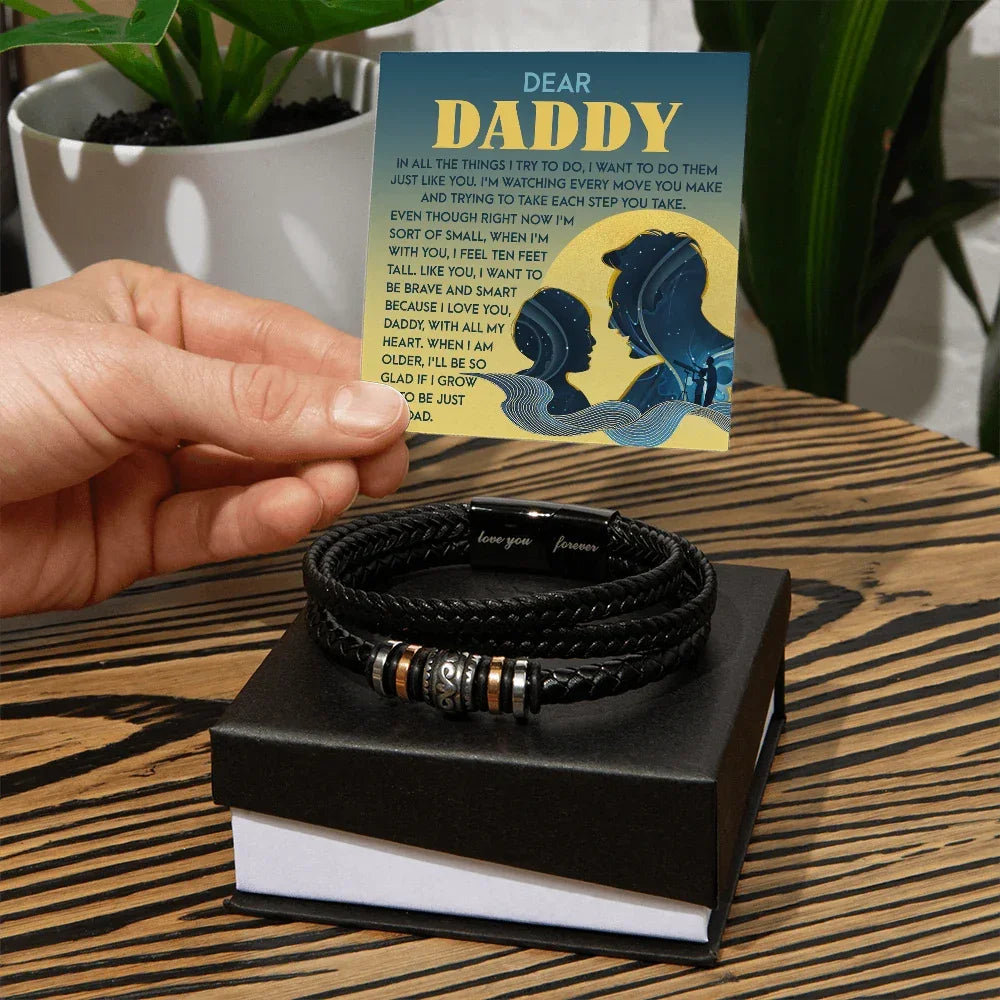 Dear Daddy Men's Vegan Leather Bracelet Birthday, Father's Day Gift with Heartfelt “Just Like You” Message Card for Dad from Son or Daughter