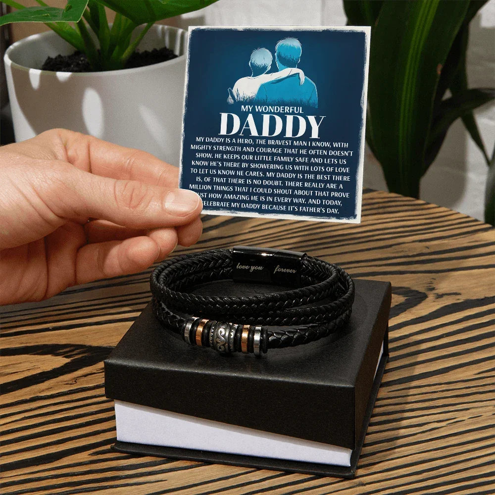 My Wonderful Daddy - Men's Vegan Leather Bracelet with Message Card - Meaningful Gift for Dad from Son or Daughter