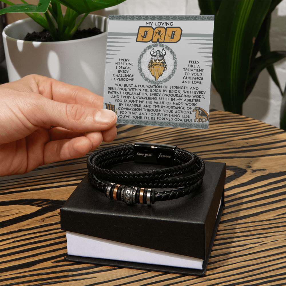 My Loving Dad Birthday, Father's Day Gift - Men's Vegan Leather Bracelet with Viking-Inspired “Foundation Builder” Message Card - Mallard Moon Gift Shop
