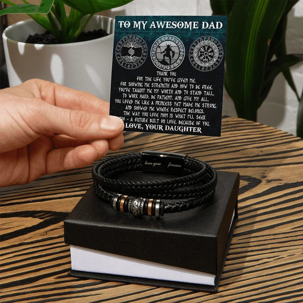 To My Awesome Dad Viking Strong Princess Braided Leather Bracelet Gift from Daughter - Norse Rune Strength & Love Message Gift for Father's Day Birthday or Christmas