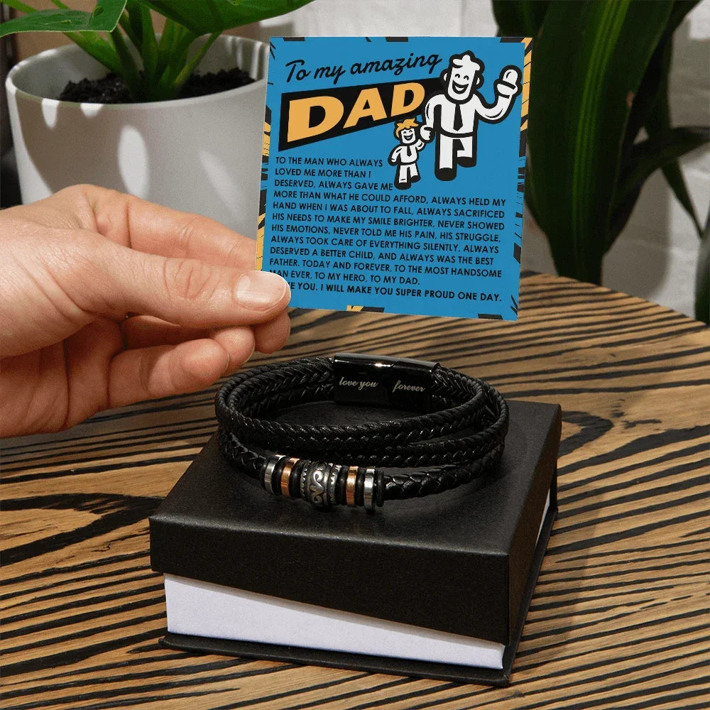 To My Amazing Dad Vegan Leather Bracelet Birthday, Father's Day Gift - with Comic-Style “Handsome Hero” Message Card
