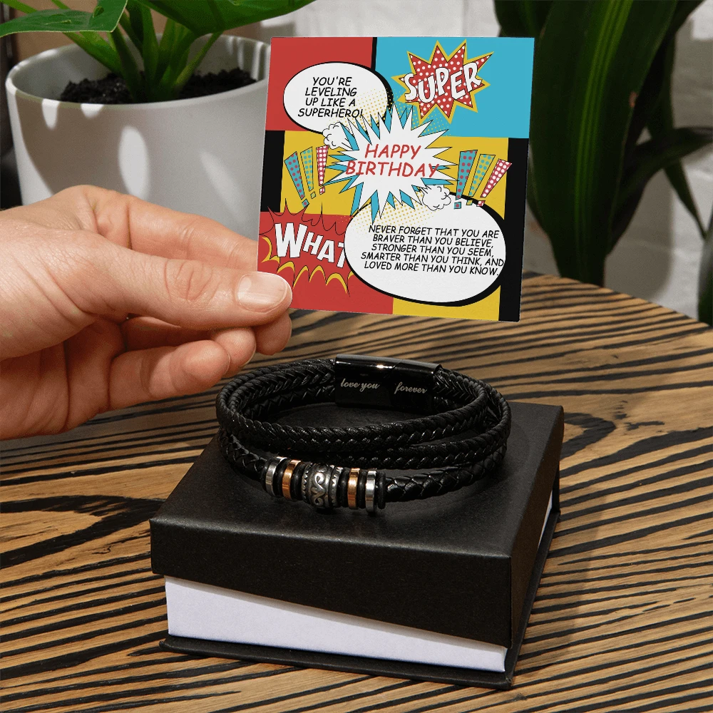 Superhero Birthday Bracelet for Him – “Love You Forever” Engraved Men's Gift | Comic Card Style for Son, Husband, or Boyfriend