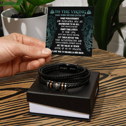 To My Viking Dad - Never Giving Up - Black Braided Leather Men's Bracelet - Mallard Moon Gift Shop