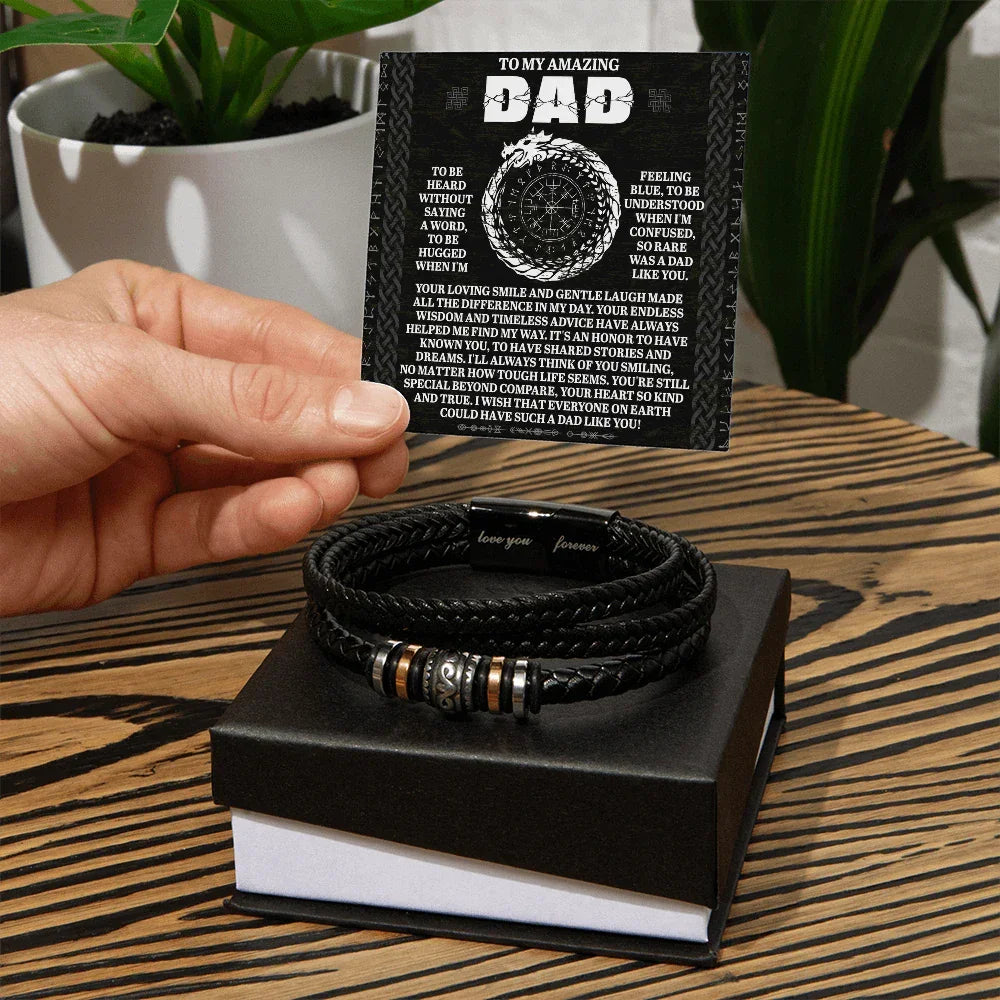 To My Amazing Dad Silent Understanding Viking Compass Leather Bracelet Gift | Thoughtful Father's Day or Birthday Present for Dad from Son or Daughter