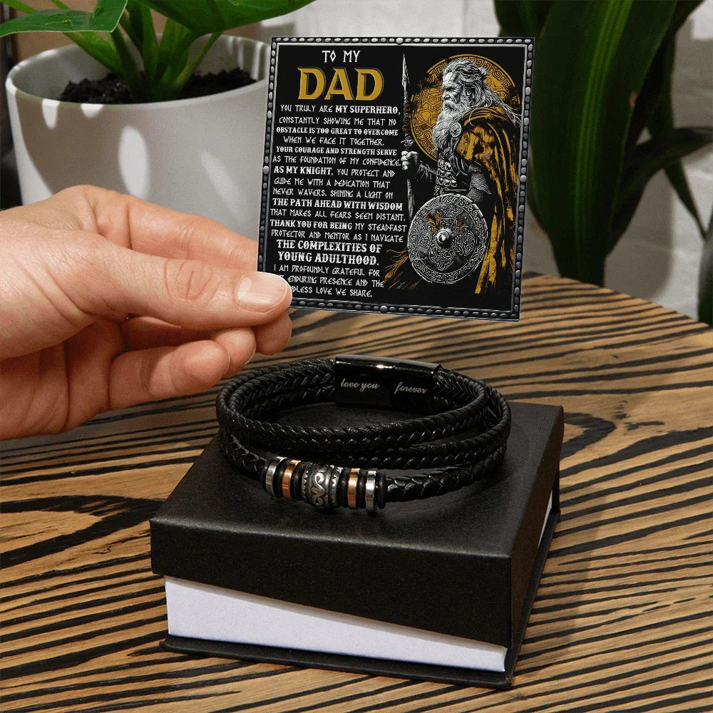 To My Dad Braided Leather Bracelet with Superhero Knight Viking Dad Message Card - Thoughtful Father's Day, Birthday Gift from Son or Daughter for Strong and Courageous Fathers