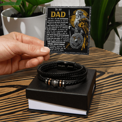 To My Dad Braided Leather Bracelet with Superhero Knight Viking Dad Message Card - Thoughtful Father's Day, Birthday Gift from Son or Daughter for Strong and Courageous Fathers - Mallard Moon Gift Shop