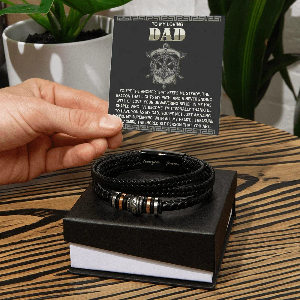 To My Loving Dad- Viking Anchor Braided Leather Bracelet with Inspirational Card - Father's Day, Birthday, or Christmas Gift for Dad from Son or Daughter
