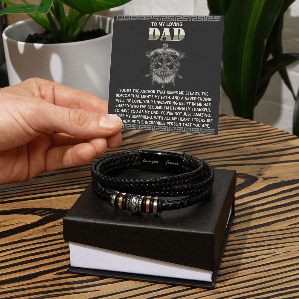 To My Loving Dad- Viking Anchor Braided Leather Bracelet with Inspirational Card - Father's Day, Birthday, or Christmas Gift for Dad from Son or Daughter - Mallard Moon Gift Shop