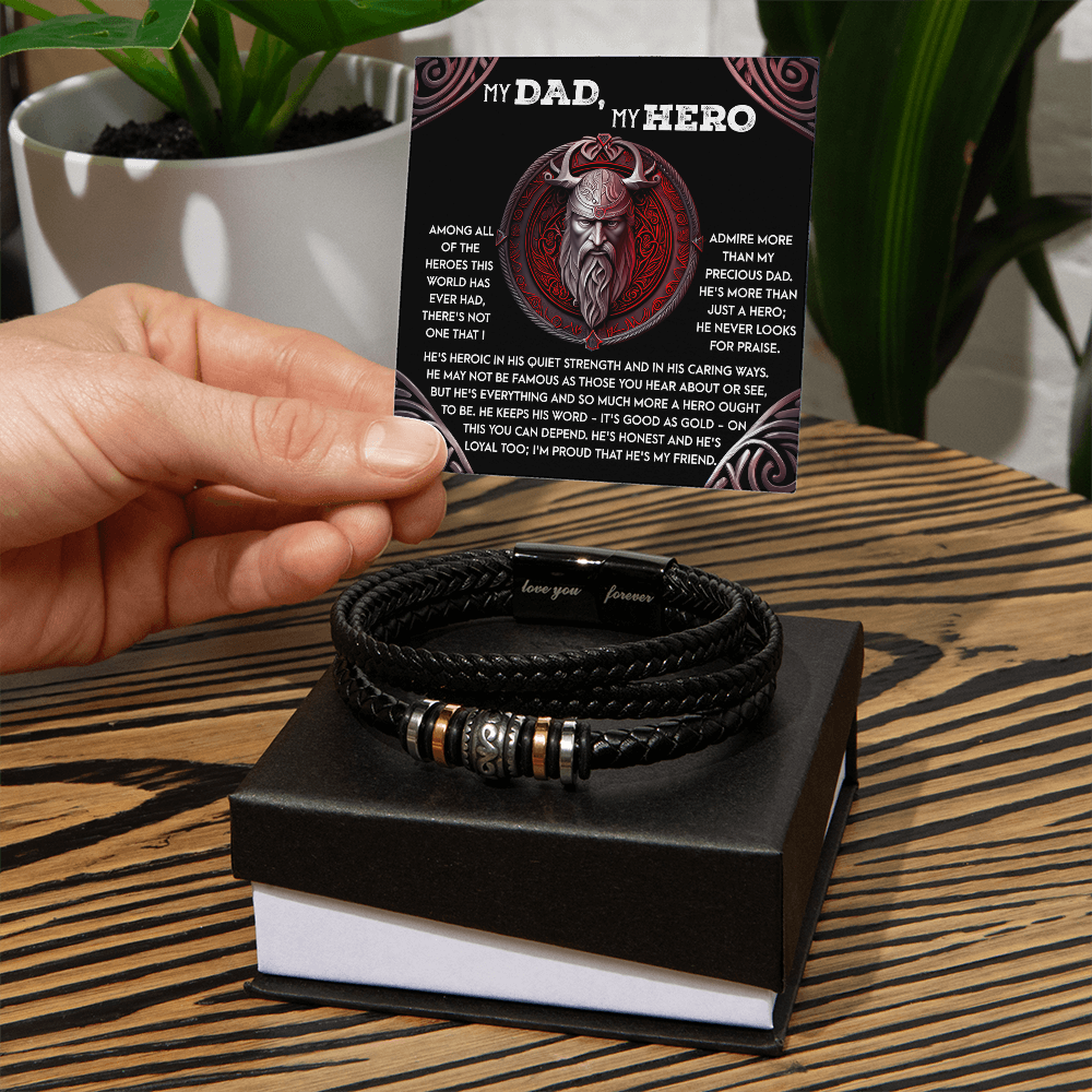 To My Dad, My Hero - Father's Day, Birthday Gift for Dad - Men's Vegan Leather Bracelet with Viking Quiet Strength Message Card - Mallard Moon Gift Shop