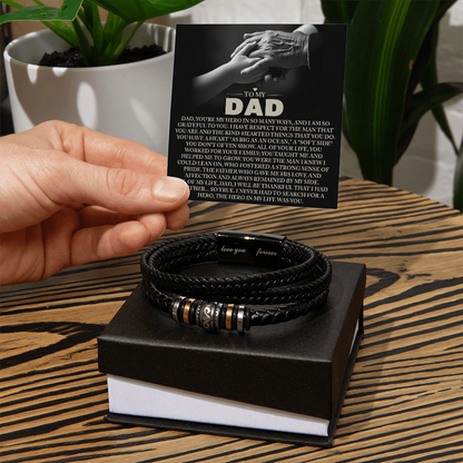 To My Dad Vegan Leather Bracelet Birthday, Father's Day Gift with Heartfelt “Hero in My Life” Message Card - Mallard Moon Gift Shop