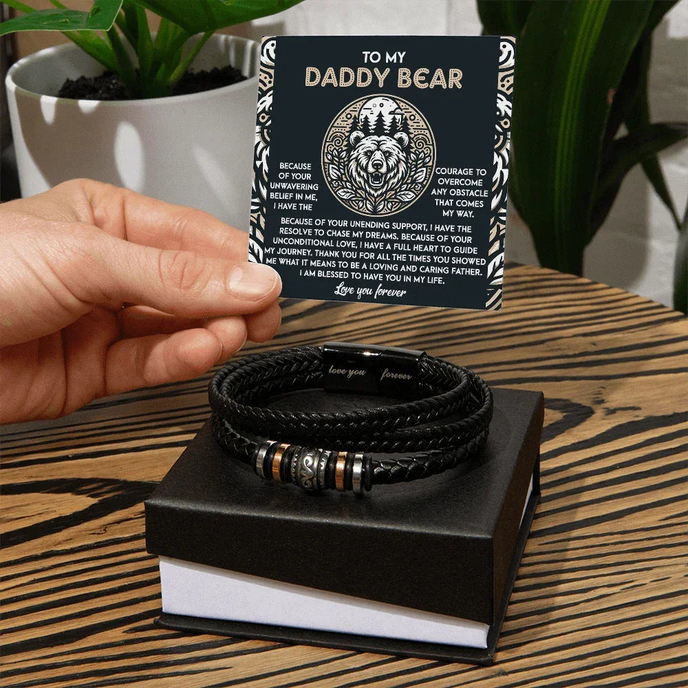 To My Daddy Bear Leather Bracelet with Message Card – Unwavering Belief & Support – Father's Day, Birthday, or Christmas Gift for Dad