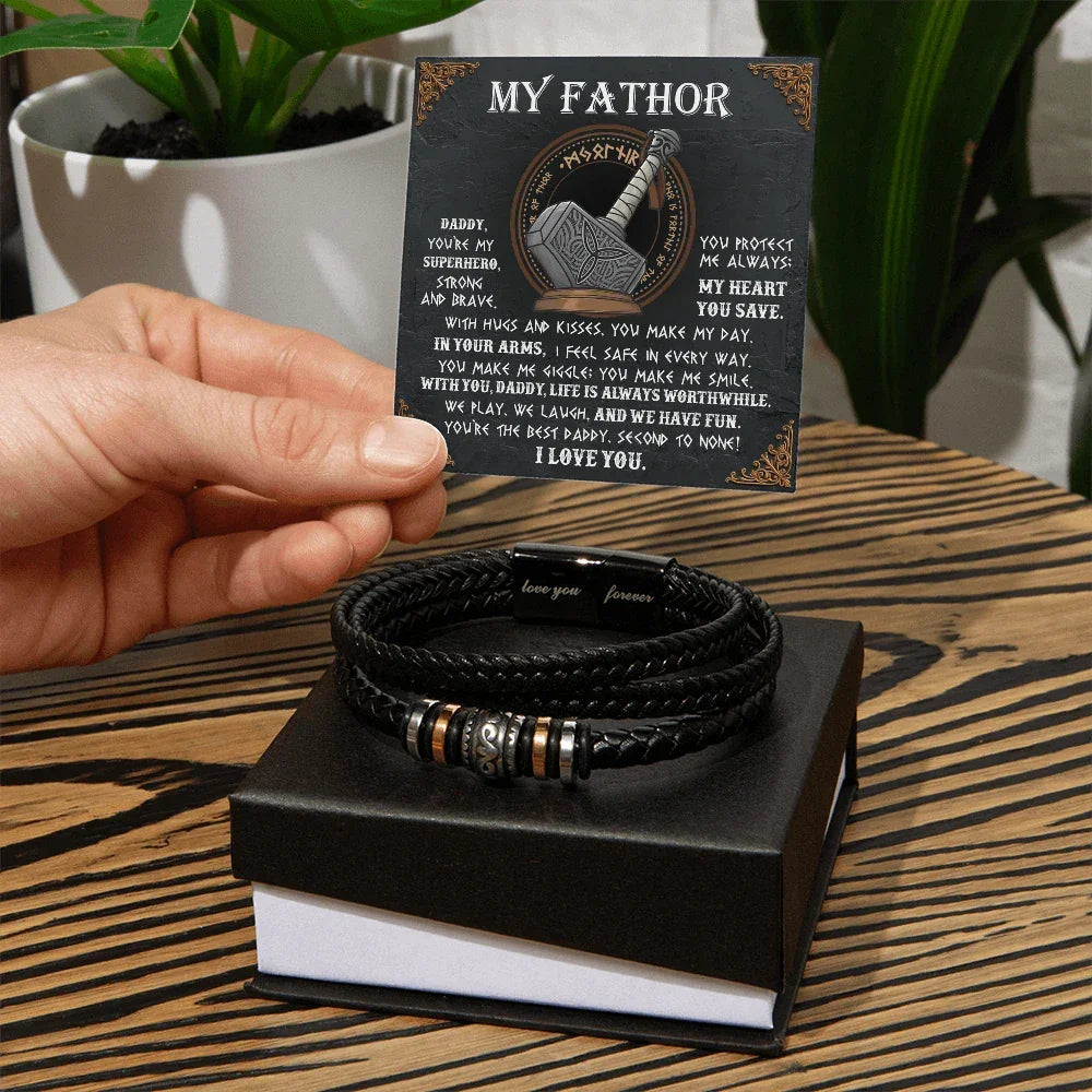 My Father Superhero Viking Men's Vegan Leather Bracelet with Norse-Inspired Superhero Message Card - Unique Gift for Dad from Son or Daughter