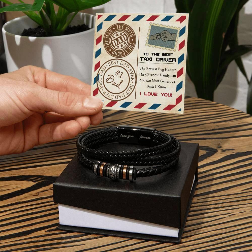 To the Best Taxi Driver – Funny Father’s Day Leather Bracelet Gift for Dad – From the Bravest Bug Hunter to the Most Generous Bank I Know – Black Braided Engraved Dad Bracelet with Gift Box