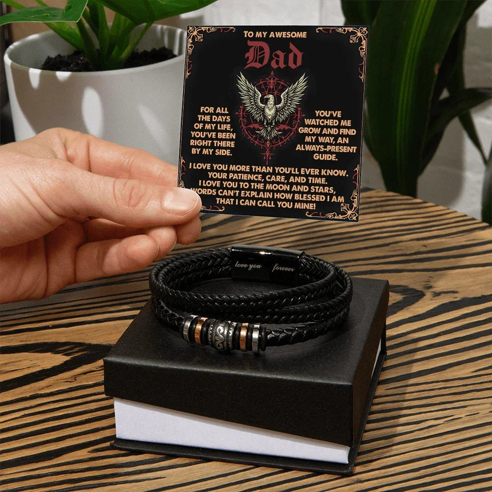 To My Awesome Dad Vegan Leather Bracelet Birthday, Father's Day Gift with Norse-Inspired “Always Present Guide" Message Card -
