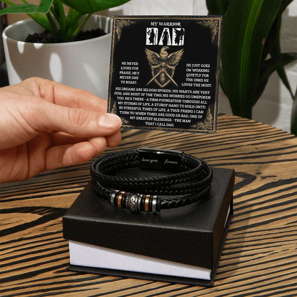 My Warrior Dad - Father's Day, Birthday Gift for Dad - Men's Braided Vegan Leather Bracelet with Quiet Strength Warrior Message Card