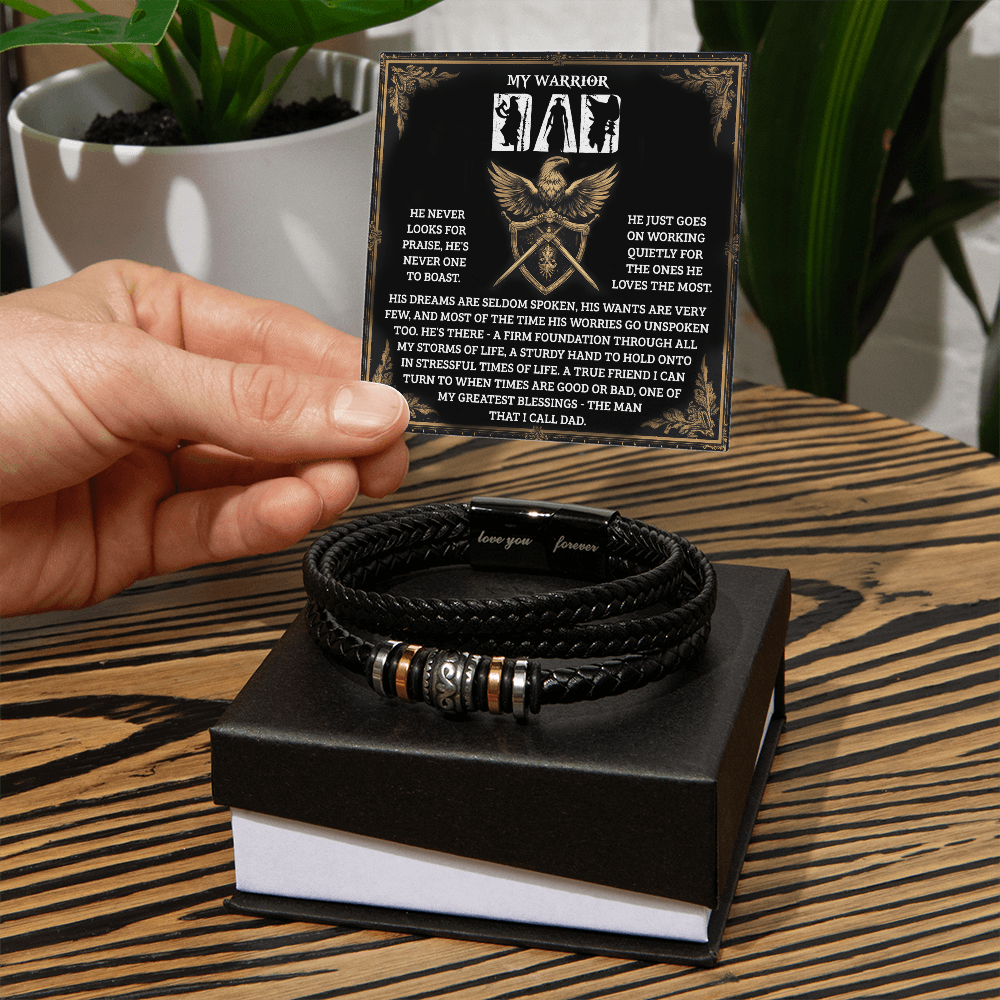My Warrior Dad - Father's Day, Birthday Gift for Dad - Men's Braided Vegan Leather Bracelet with Quiet Strength Warrior Message Card - Mallard Moon Gift Shop