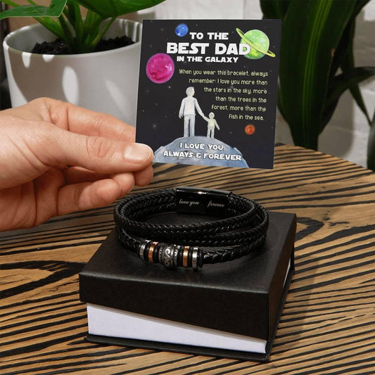 Dad Gift -Best Dad In The Galaxy - Braided Leather Men's Bracelet - Mallard Moon Gift Shop