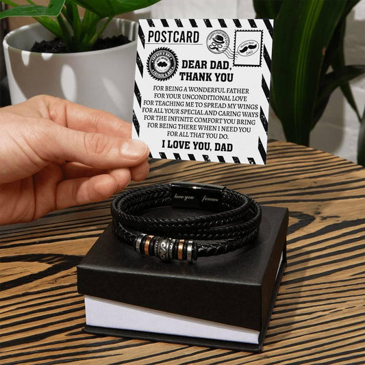 Dad Postcard Gift-Thank You for Teaching Me to Spread My Wings -Braided Leather Men's Bracelet - Mallard Moon Gift Shop